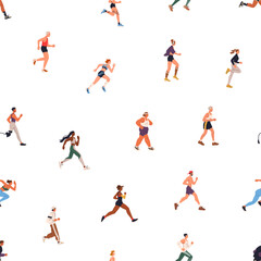 Seamless pattern, people jogging and running. Active diverse characters training, endless background. Healthy sports activity, repeating print design for wallpaper, fabric. Flat vector illustration