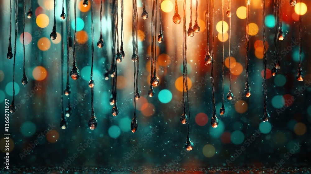 Poster colorful bokeh background with rain drops glimmering in soft light and vibrant colors