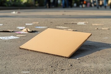 Empty cardboard sheet resting on pavement, surrounded by scatter
