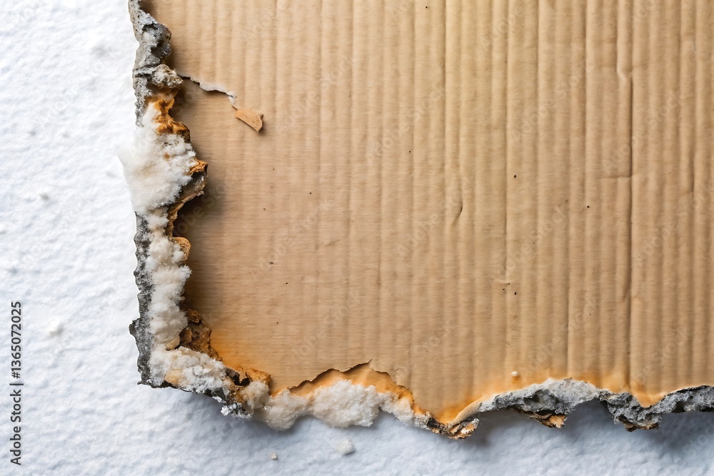 Poster macro texture of torn cardboard with white mold on a wall surface, aged and weathered material backg