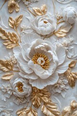 White floral bas relief artwork with gilded leaves and detailed texture