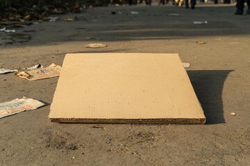 Flat cardboard piece resting on ground, surrounded by urban debr