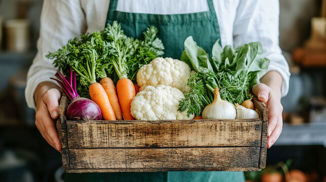 Female farmer holding in hands wooden box with fresh organic locally grown vegetables