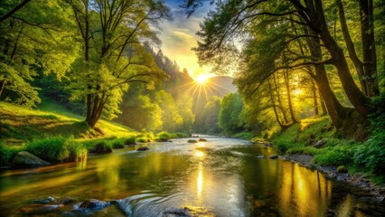 Golden Sunlight River Valley Panorama: Lush Forest, Tranquil Water, Scenic Nature Photography