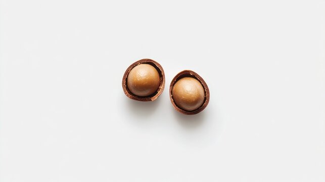 Two macadamia nuts in shells on white background