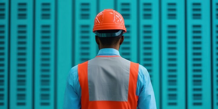 Engineer in uniform and helmet standing in a data center corridor, surrounded by server racks with digital overlays. Concept of data infrastructure, IT maintenance, cloud systems, and cybersecurity