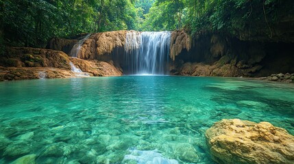 Fototapeta premium Turquoise waterfall into clear pond, green rainforest-spectacle.