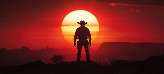 Red sunset the wild west cowboy silhouette rugged desert terrain cinematic photography
