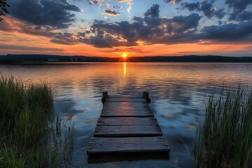 Obraz premium Wooden pier on calm lake during a vibrant sunset, peaceful waterscape with dramatic clouds, nature reflection, tranquil scene, summer evening, serene lakeside landscape
