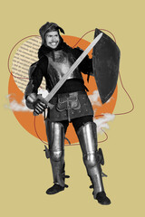 Trend image vertical photo collage of happy warrior man hold steel sword shield protection duel...