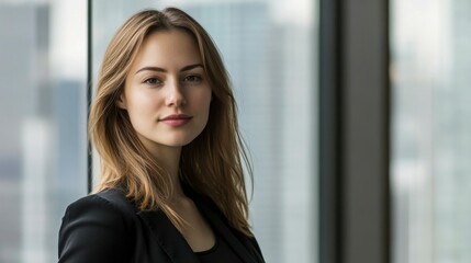 Fototapeta premium Confident young professional exuding poise and determination in a modern office setting.