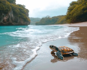 Baby sea turtle crawls beach, ocean cove background, nature, wildlife