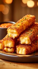Crispy cheese sticks stacked high