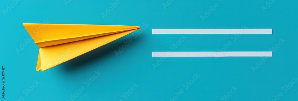 Poster yellow paper airplane on turquoise background with runway lines symbolizing flight and travel concep