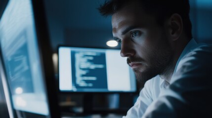 A software developer debugging code, sleek office with monitors displaying code and debugging tools in the background, High-tech style