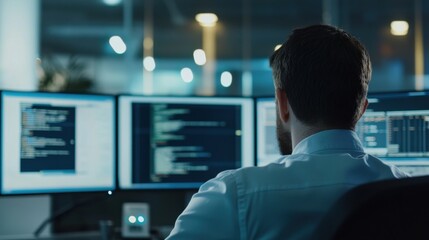 A software developer debugging code, sleek office with monitors displaying code and debugging tools in the background, High-tech style
