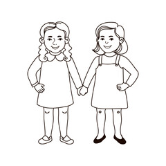 Vector Outline Illustration of Two Girl Friends Holding Hands Isolated on White Background