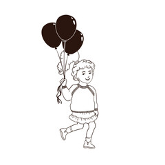 Vector Outline Illustration of Girl Walks with a Bunch of Balloons Isolated on White Background