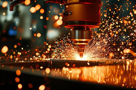 Machine cutting metal with sparks flying, focus on cutting point. Industrial scene