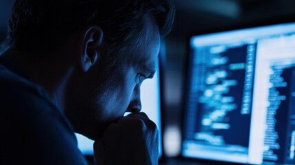 A software engineer debugging code, modern office with dual monitors and code editor visible in the background, High-tech style