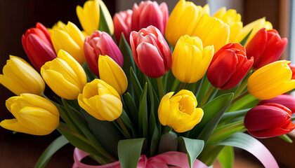Naklejka premium Close-Up of Colorful Tulips Tied with a Ribbon