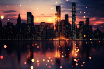 Obraz premium A pixel city skyline at sunset, with tiny windows lighting up and a glowing river reflecting the last rays of the sun.