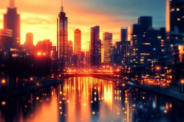 Fototapeta premium A pixel city skyline at sunset, with tiny windows lighting up and a glowing river reflecting the last rays of the sun.