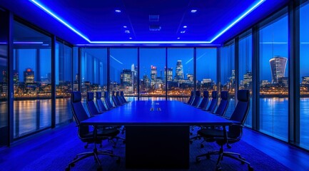 Modern Conference Room with City Skyline at Night Under Blue Lights
