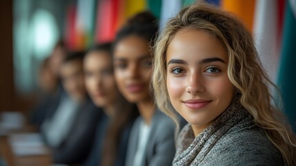 Obraz premium Diverse women smiling, conference, international flags