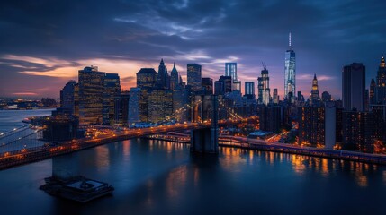 Fototapeta premium NYC twilight skyline, Brooklyn Bridge, city lights, harbor view, urban landscape