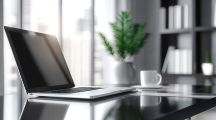 Laptop on Desk with Coffee Cup and Plant Near City Window