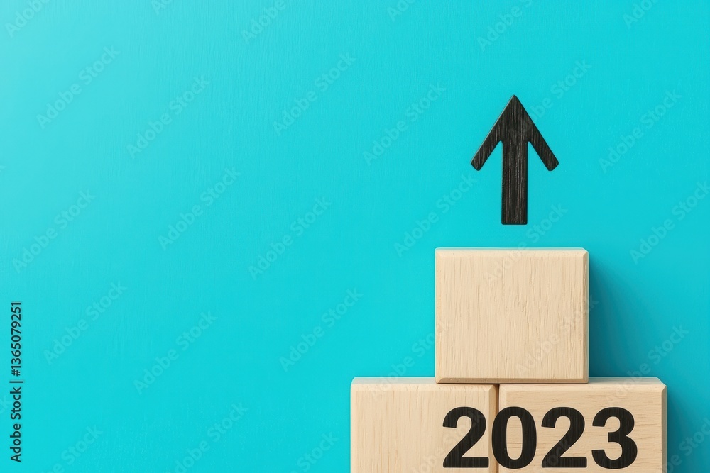 Poster wooden blocks stacked with arrow pointing up and 2023 text on blocks against blue background symboli
