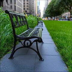 Black Metal Bench on a Green Lawn in a City Park