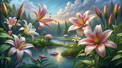 Fototapeta premium Lilies by the Pond at Sunset
