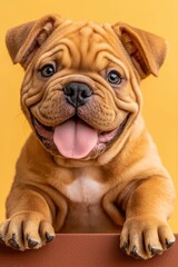Fototapeta premium Happy Shar Pei Puppy Smiling Joyfully Against Yellow Background