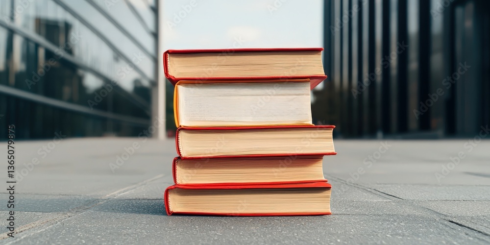 Poster climate change global warming policy concept. stack of books on a pavement with a modern building ba