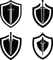 Set of four vector shields and swords black and white isolated on white background heraldic design elements