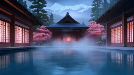 Nighttime Japanese Onsen Scene with Mountain View