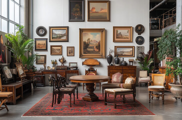 Exquisite auction display featuring pedestals, mahogany and cream antique pieces that celebrate historic artistic craftsmanship