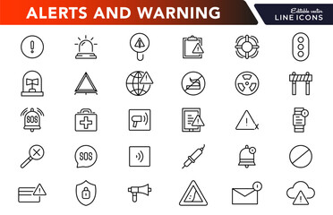 Alerts and warning line icon set. Danger, attention, caution, emergency, accident, alert, stop, notification, security outline icon collection. UI thin outline icon pack