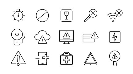 Alerts and warning line icon set. Danger, attention, caution, emergency, accident, alert, stop, notification, security outline icon collection. UI thin outline icon pack