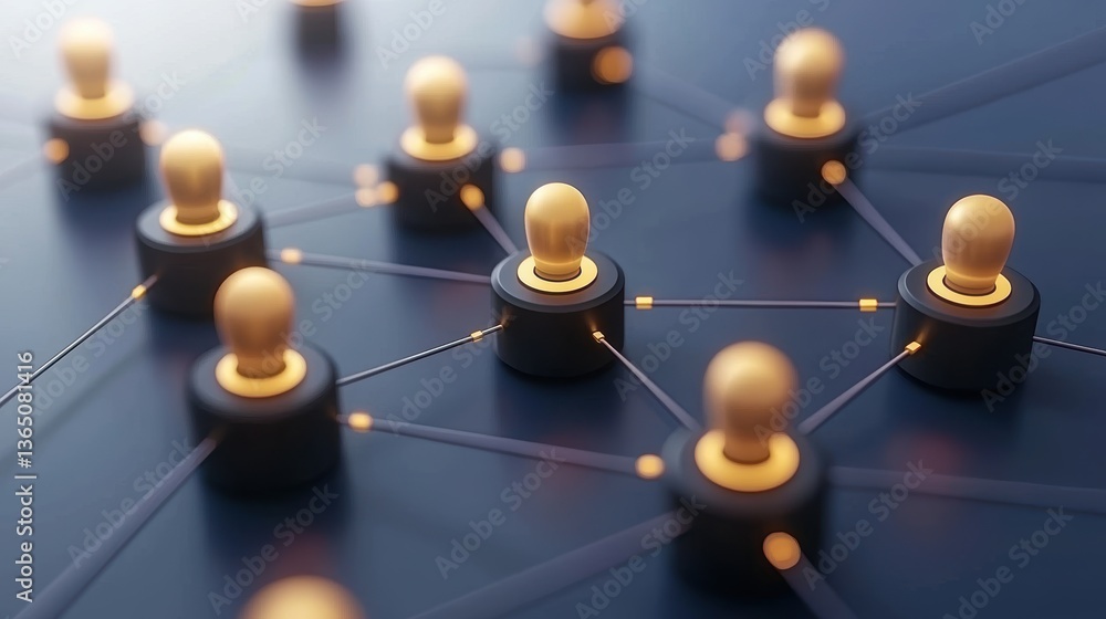 Poster a network of interconnected nodes represented by golden figures, symbolizing connections and relatio