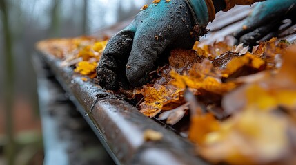 Autumn Leaf Cleaning Gutter Maintenance Fall Season Home Exterior Cleaning Up Leaves House Repair Home Improvement Project Fall Colors Nature         