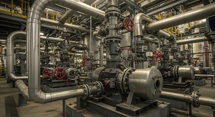 Industrial machinery glows under soft lighting intricate steel pipes powerfully arranged complex network. AI Generated
