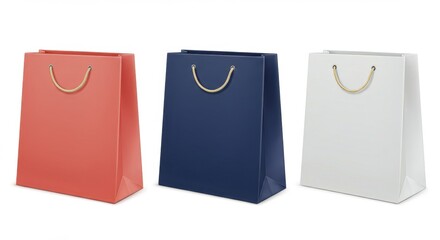 mockup Three different shopping bags against a plain white background, each with a distinct color. The first is light red, the second is navy, and the third is white. 