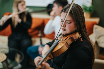 A group of musicians performing with various instruments, including a violin, flute, and clarinet, in a comfortable indoor environment.