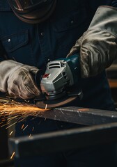 Closeup Skilled Worker Grinding Metal Sparks Fly. AI Generated