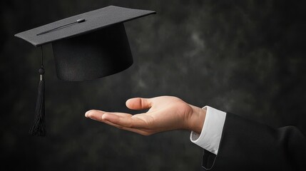 Hand Reaching for Black Graduation Cap Symbolizing Achievement and Success in Academic Journey