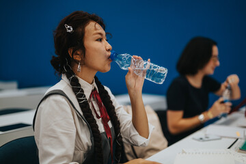 A focused student drinks water while attending a class, emphasizing hydration and concentration in...