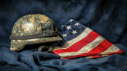 Vintage Military Helmet and American Flag on Dark Background with Texture and Unique Patterns